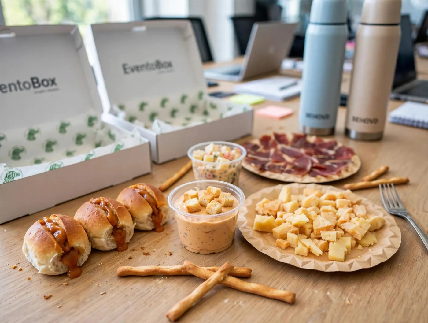 Meeting Breakfast con mini brioches, jamón y queso en cajas EventoBox