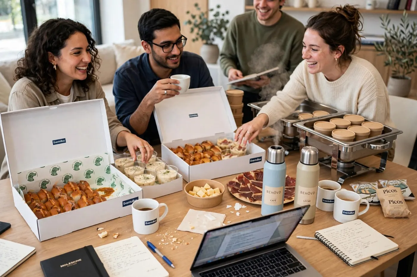 Equipo de oficina compartiendo un Office Breakfast de EventoBox